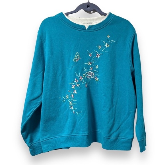 Vintage 90s Shenanigans Teal Butterfly Flower Embroidered Sweatshirt Size Large - Picture 1 of 13